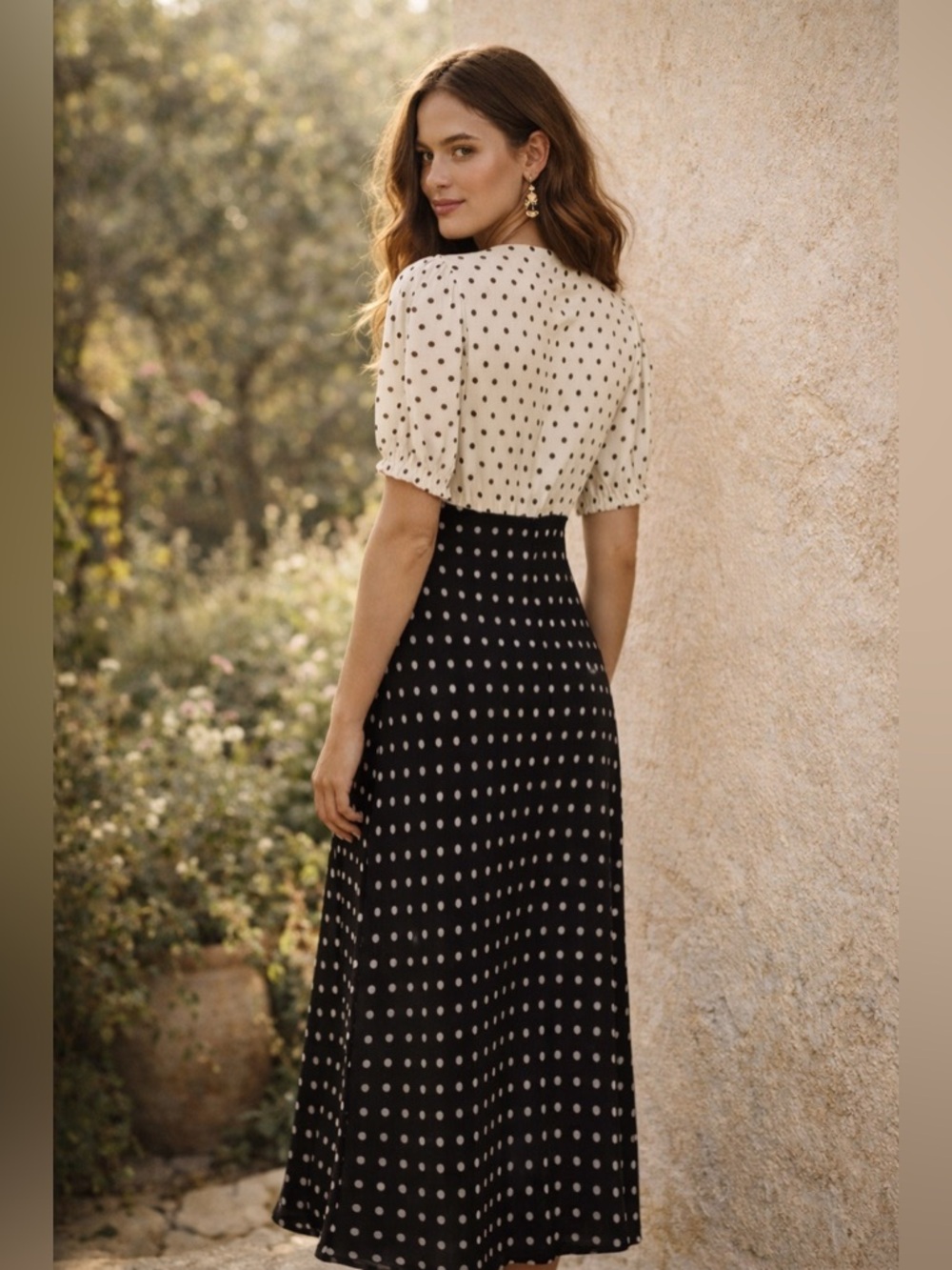 A New Day | Polka Dot V-Neck Midi Dress in Black and Cream - Picture 2 of 13